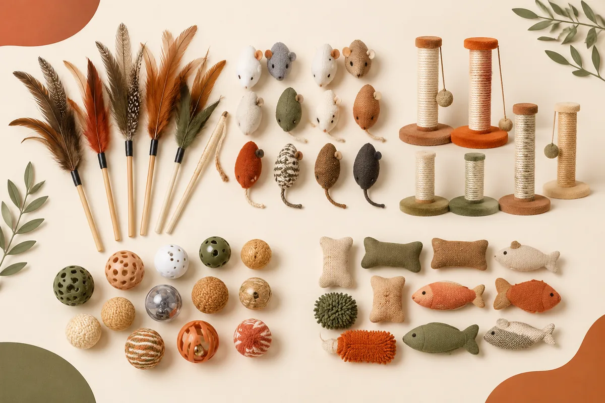 Assorted wholesale cat toys laid out by category including feather wands, plush mice, balls, and catnip toys for bulk resale buyers