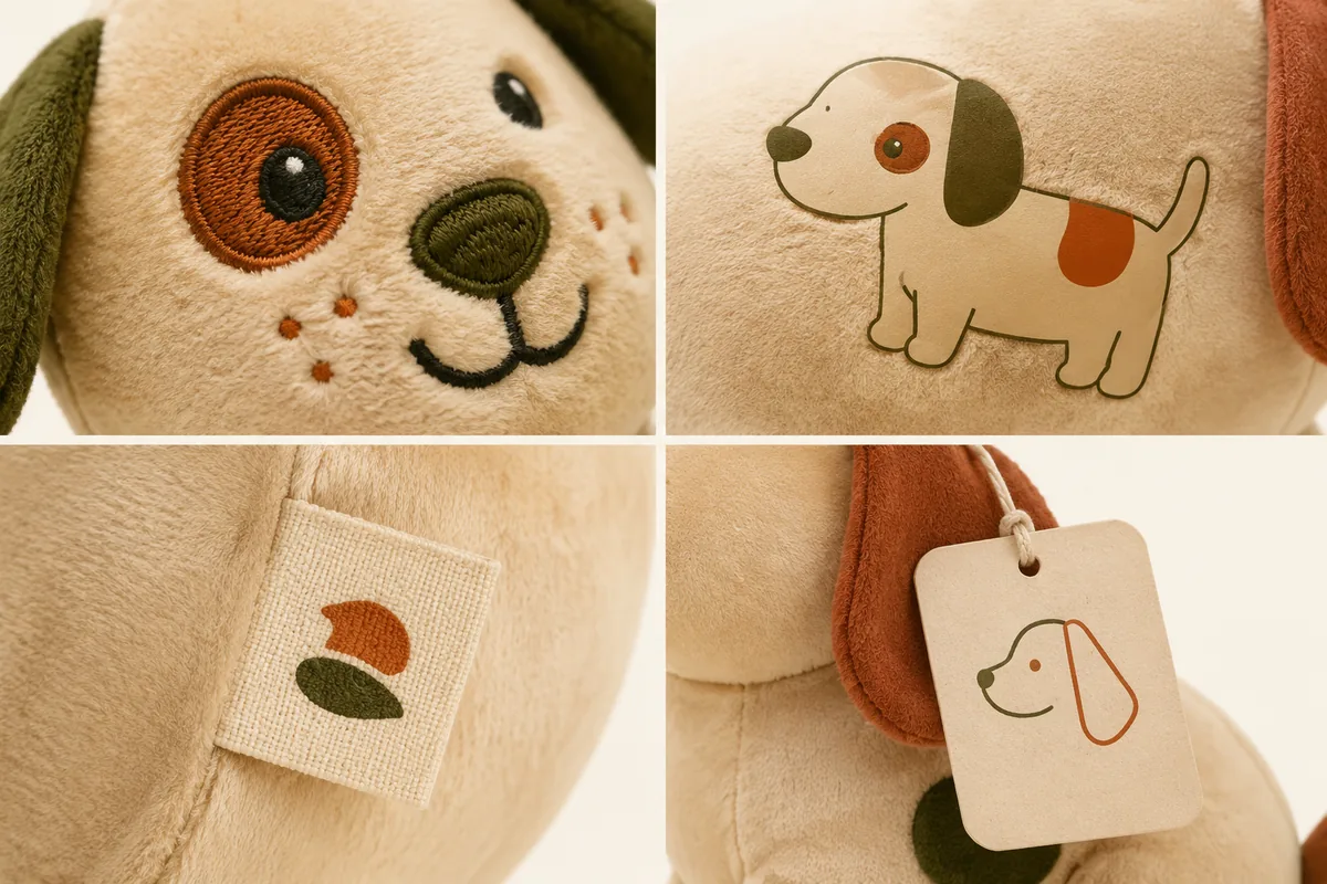 Comparison of custom plush dog toy branding techniques: embroidery, heat transfer print, woven care label, and hangtag