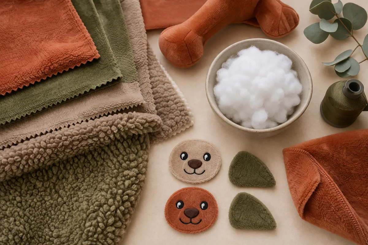 Custom plush dog toys material and construction samples including short pile fabric, sherpa, fiberfill, embroidery, and reinforced seams for China manufacturer RFQs