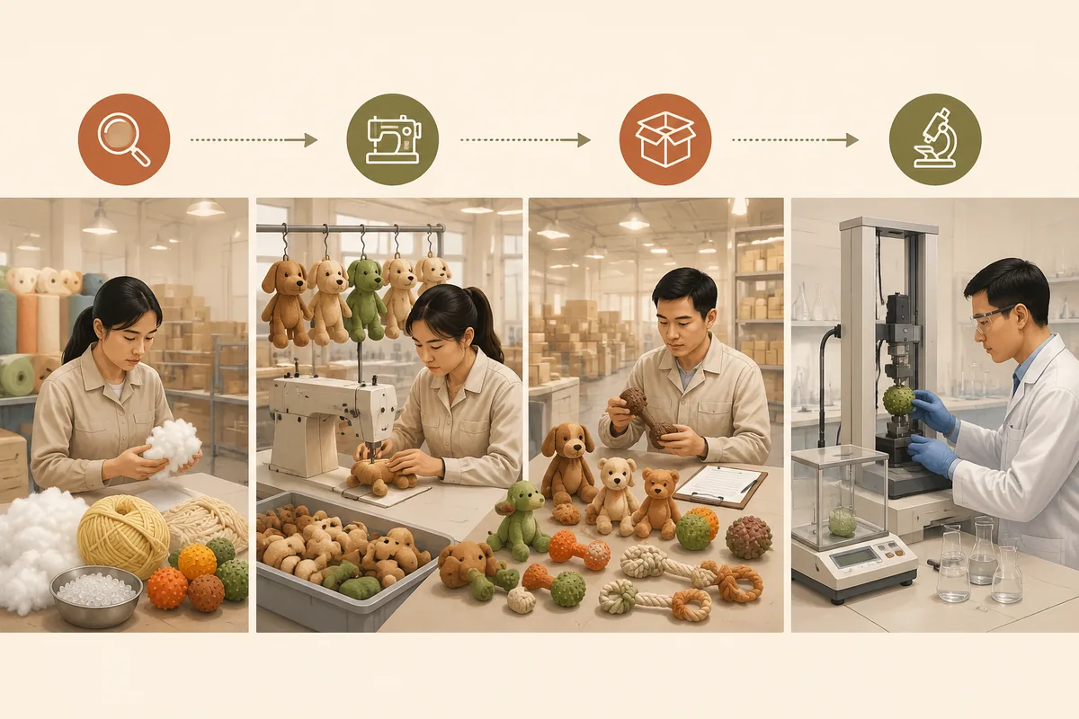 Pet toy quality control process flow from raw material inspection and in-process checks to final AQL sampling and lab testing